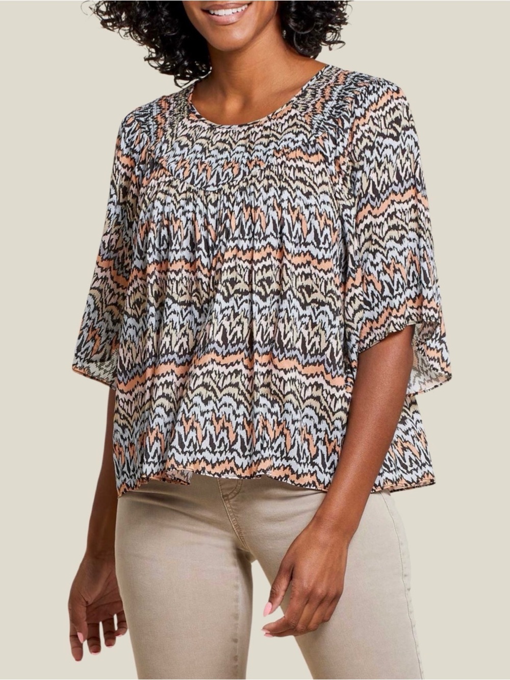 Tribal Boho Smocked Flutter Sleeve Top Striped Medium